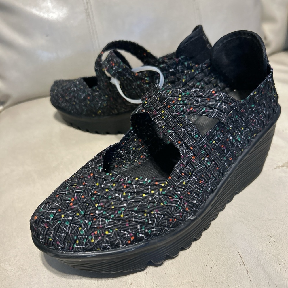 bernie mev. Black Woven Mary Jane Wedge with Multicolor Speckle